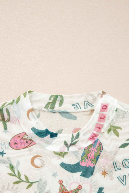White LOVE WILD DREAMER Western Print Sheer Mesh Top