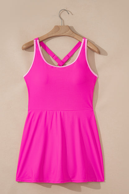 Rose Red Contrast Trim Neckline Active Shorts Attached One Piece Swim Dress - Snoopy's Closet