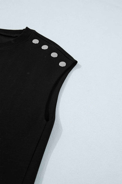 Black Casual Solid Short Sleeve Top with Metal Button Details Key Features