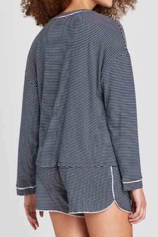 Blue Stripe Drop Shoulder Round Neck Long Sleeve Tee and Buttoned Shorts 2pcs Lounge Set - Snoopy's Closet
