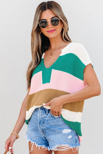 Camiseta de manga larga con cuello de pico y bloques de color multicolor