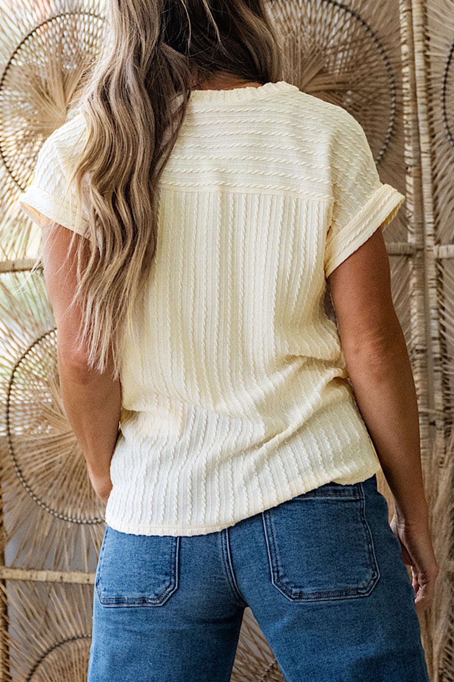 Beige Twisted Texture Knit V Neck T Shirt - Snoopy's Closet