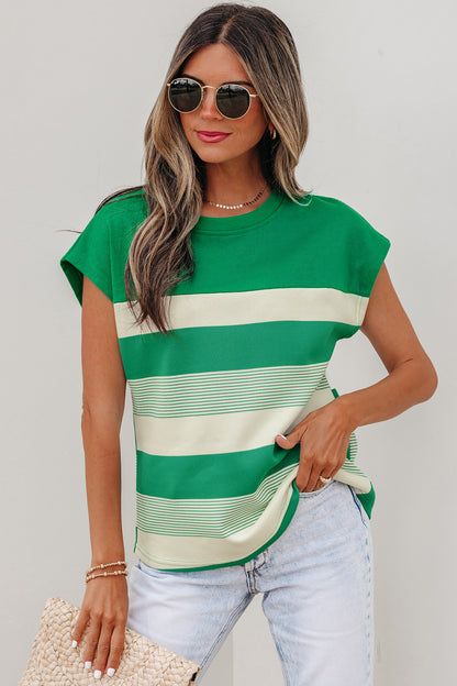 Green Stripe Mixed Print Crew Neck Cap Sleeve T Shirt - Snoopy's Closet