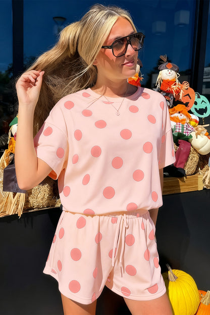 Pink Polka Dot Print Loose Tee Drawstring Elastic Waist Short Set - Snoopy's Closet