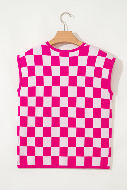 Rose Check Pattern Cap Sleeve Knitted Sweater - Snoopy's Closet