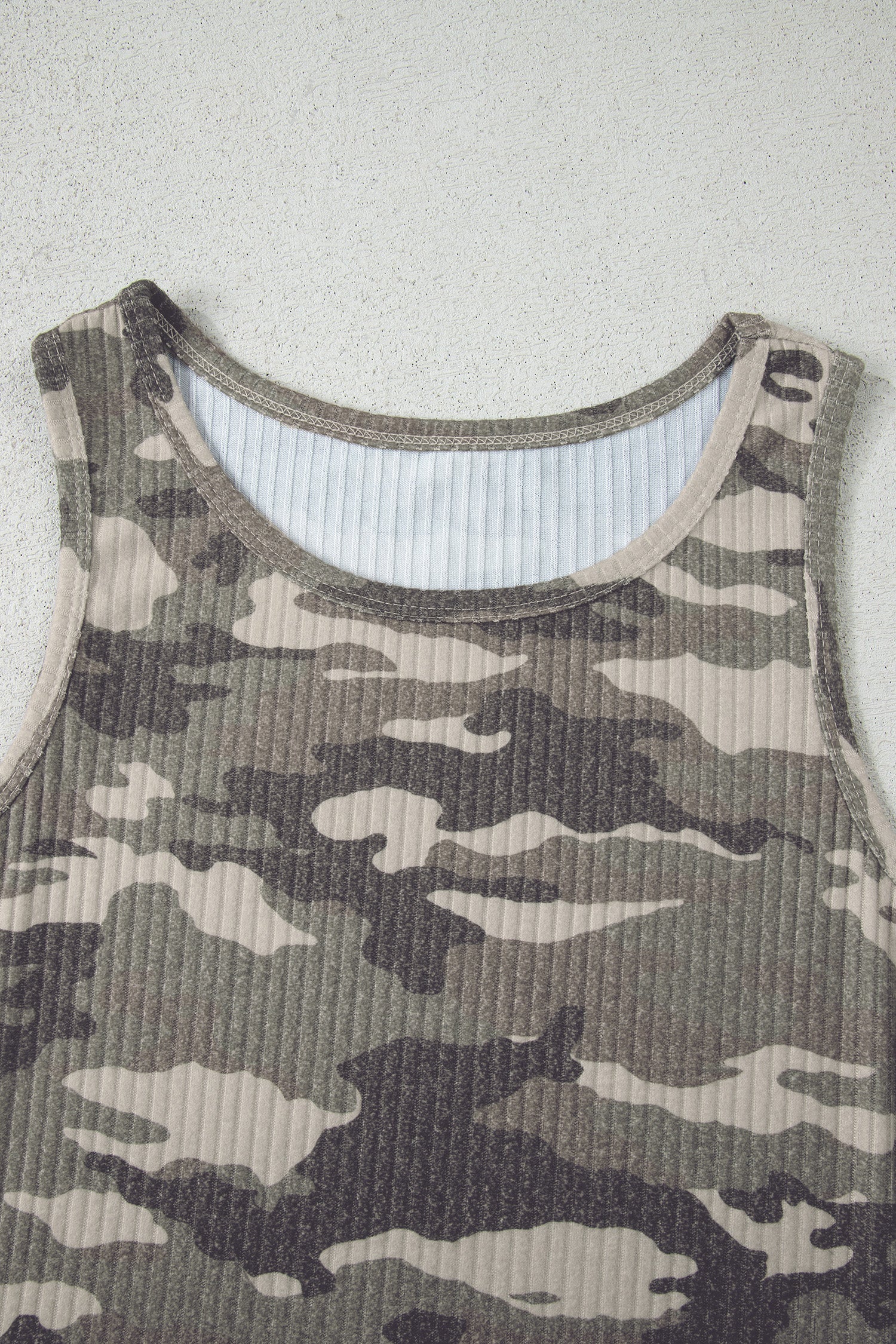Green Camouflage Print Ribbed Knit Round Neck Tank Top - Snoopy's Closet