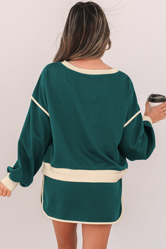 Conjunto de jersey suelto con contraste de color perenne y minifalda pantalón con cordones en la cintura