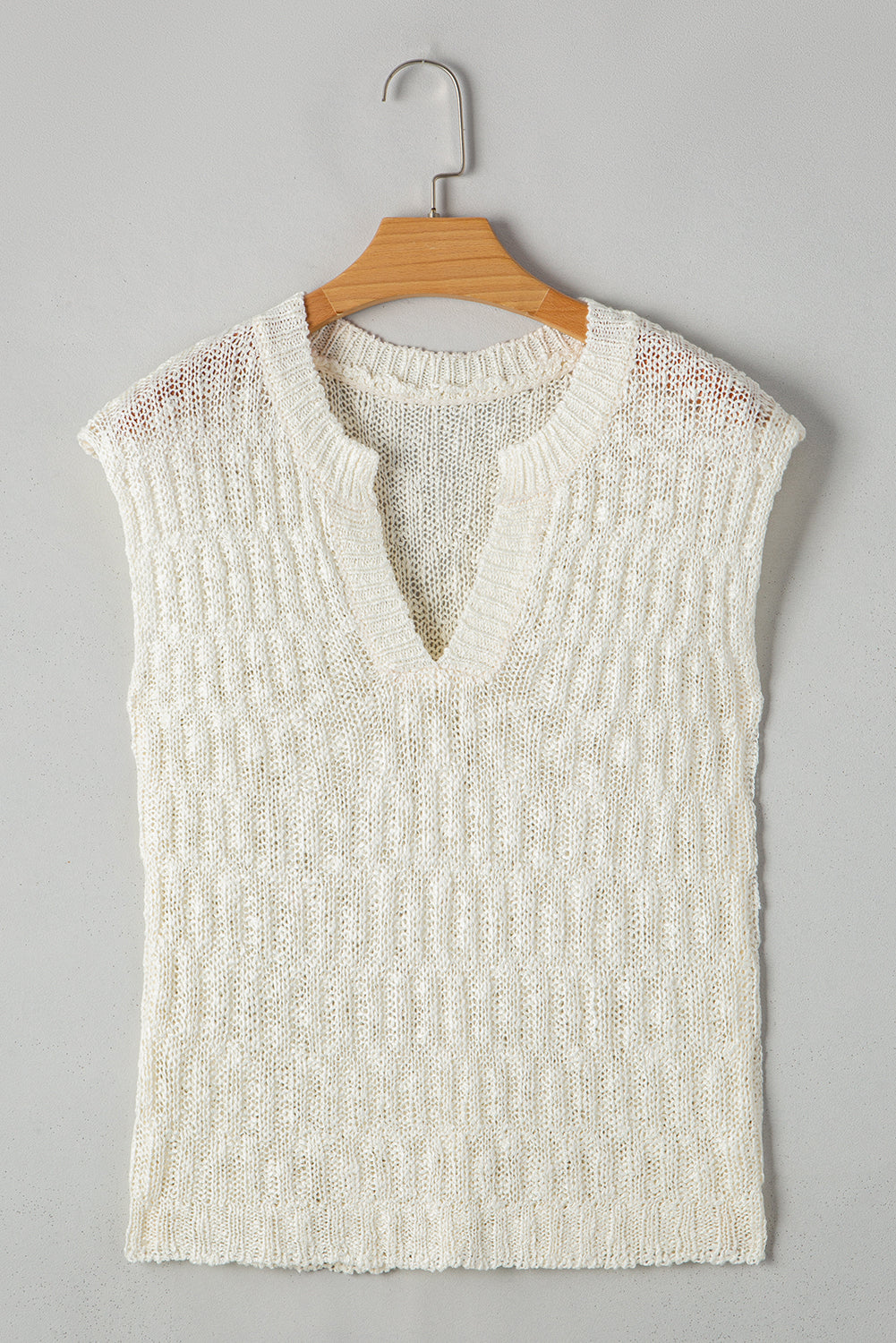Beige Notched V Neck Short Sleeve Sweater - Snoopy's Closet