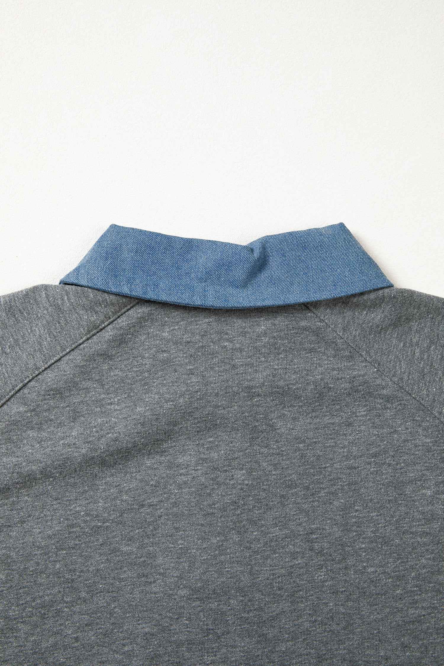 Carbon Grey Denim Color Block Patchwork Shirt Collar Short Sleeve Blouse