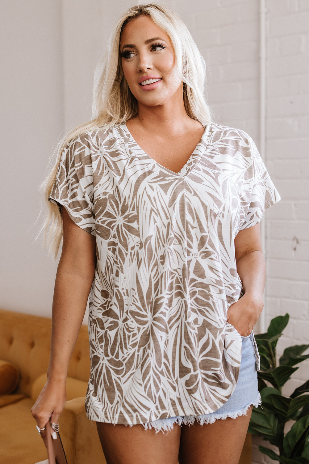 Khaki Floral Print V Neck Short Sleeve Loose Fit Blouse - Snoopy's Closet