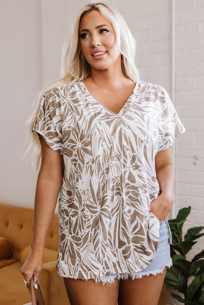 Khaki Floral Print V Neck Short Sleeve Loose Fit Blouse - Snoopy's Closet