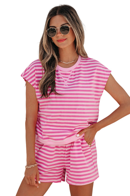 Pink Stripe Cap Sleeve Tee Elastic Waist Shorts 2pcs Outfit - Snoopy's Closet