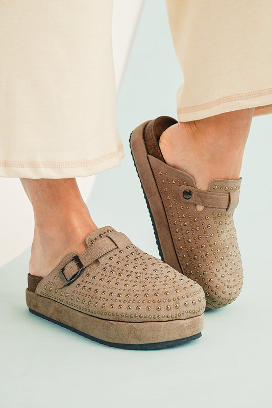Parchment Rivet Buckle Closed Toe Platform Slippers - Snoopy's Closet