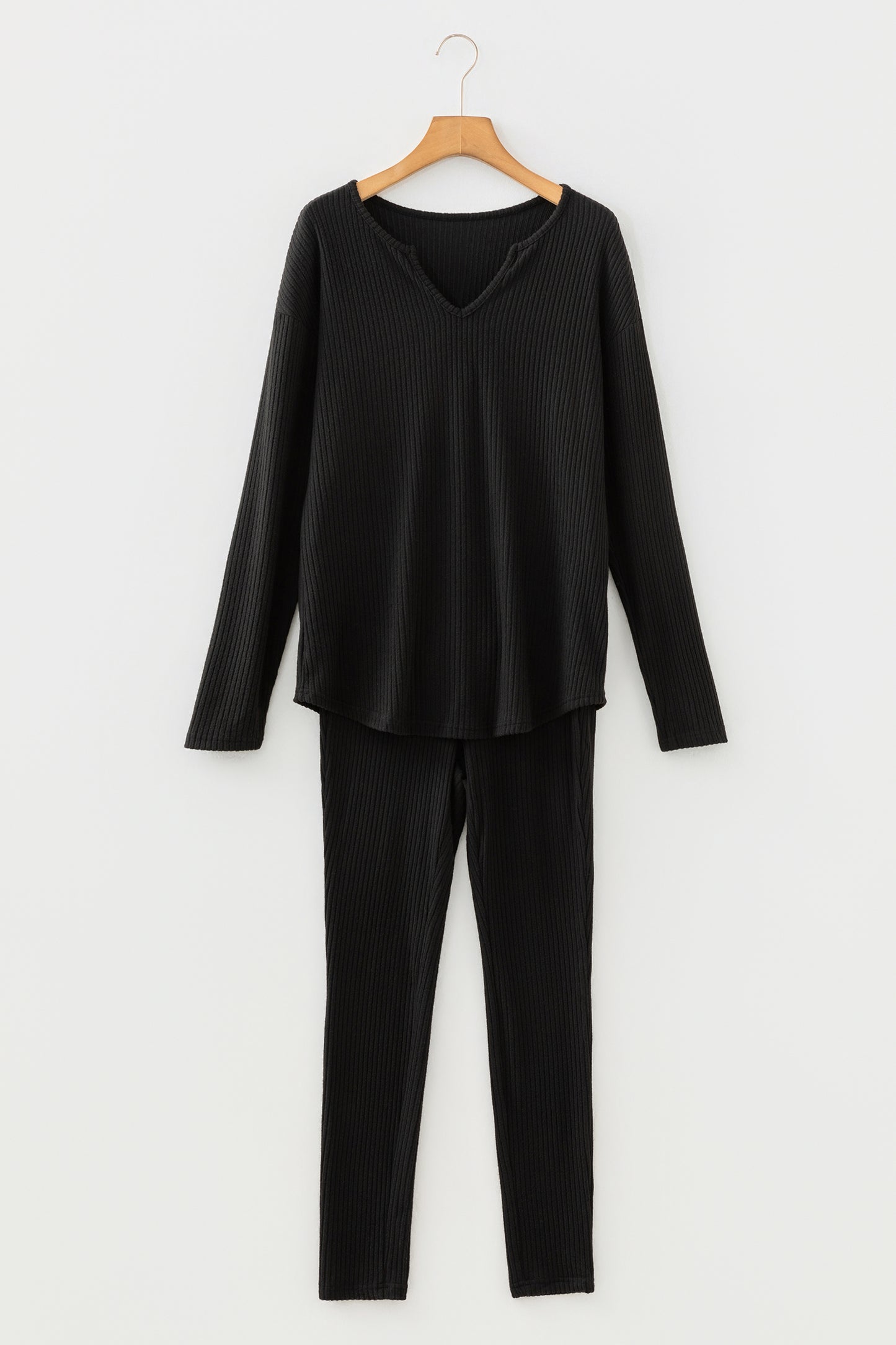 Black Ribbed Notched Neck Knit Long Sleeve Leggings Two Pieces Lounge Set - Snoopy's Closet