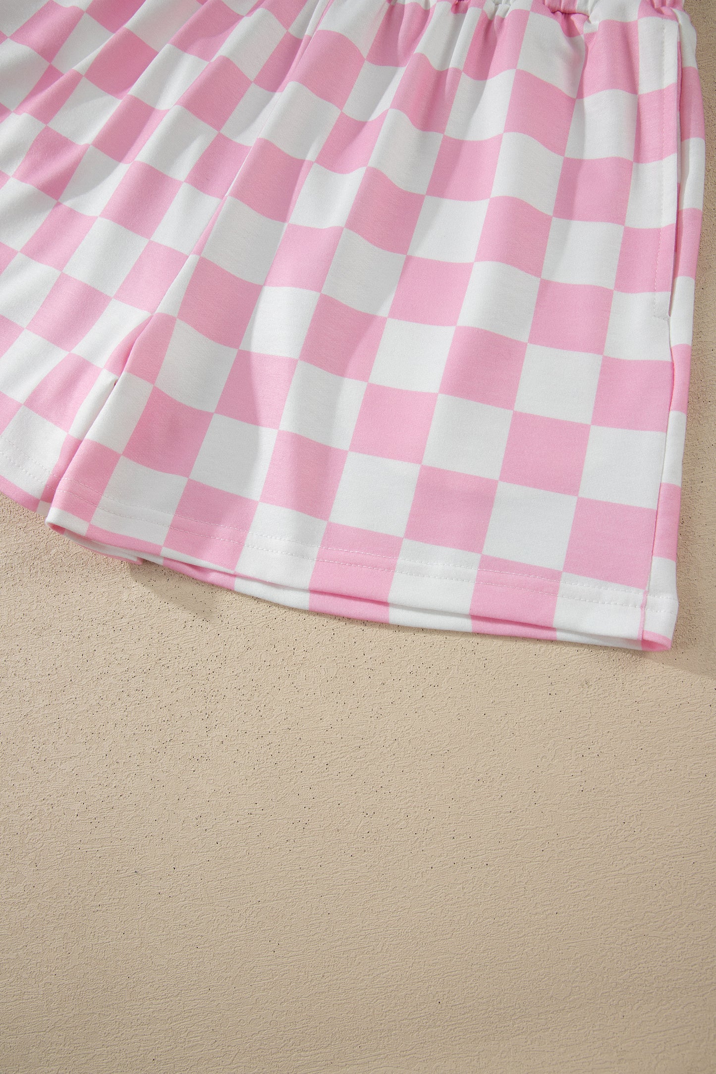 Pink Checkered Print Color Block Trim Mock Neck Short Set - Snoopy's Closet