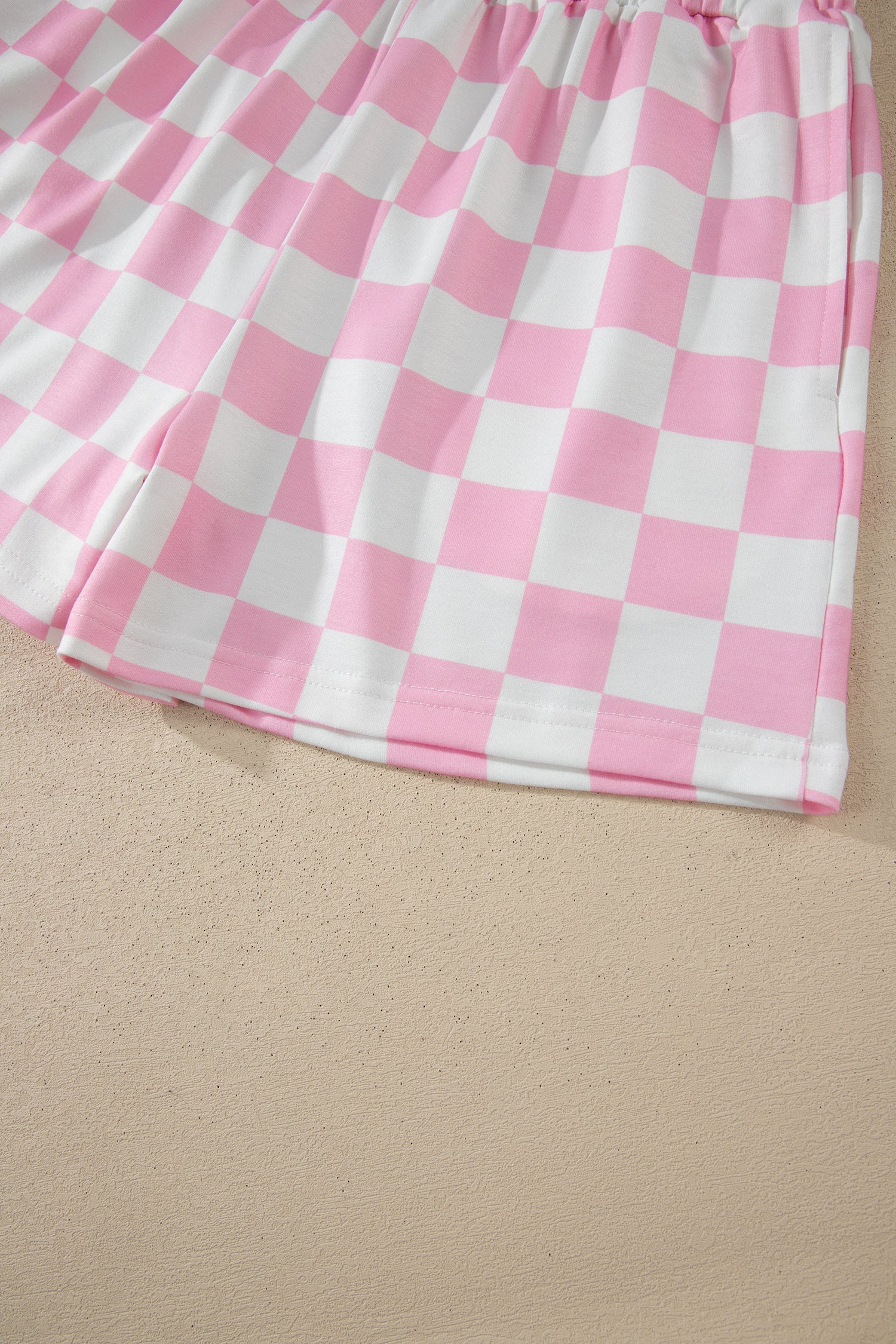 Pink Checkered Print Color Block Trim Mock Neck Short Set - Snoopy's Closet