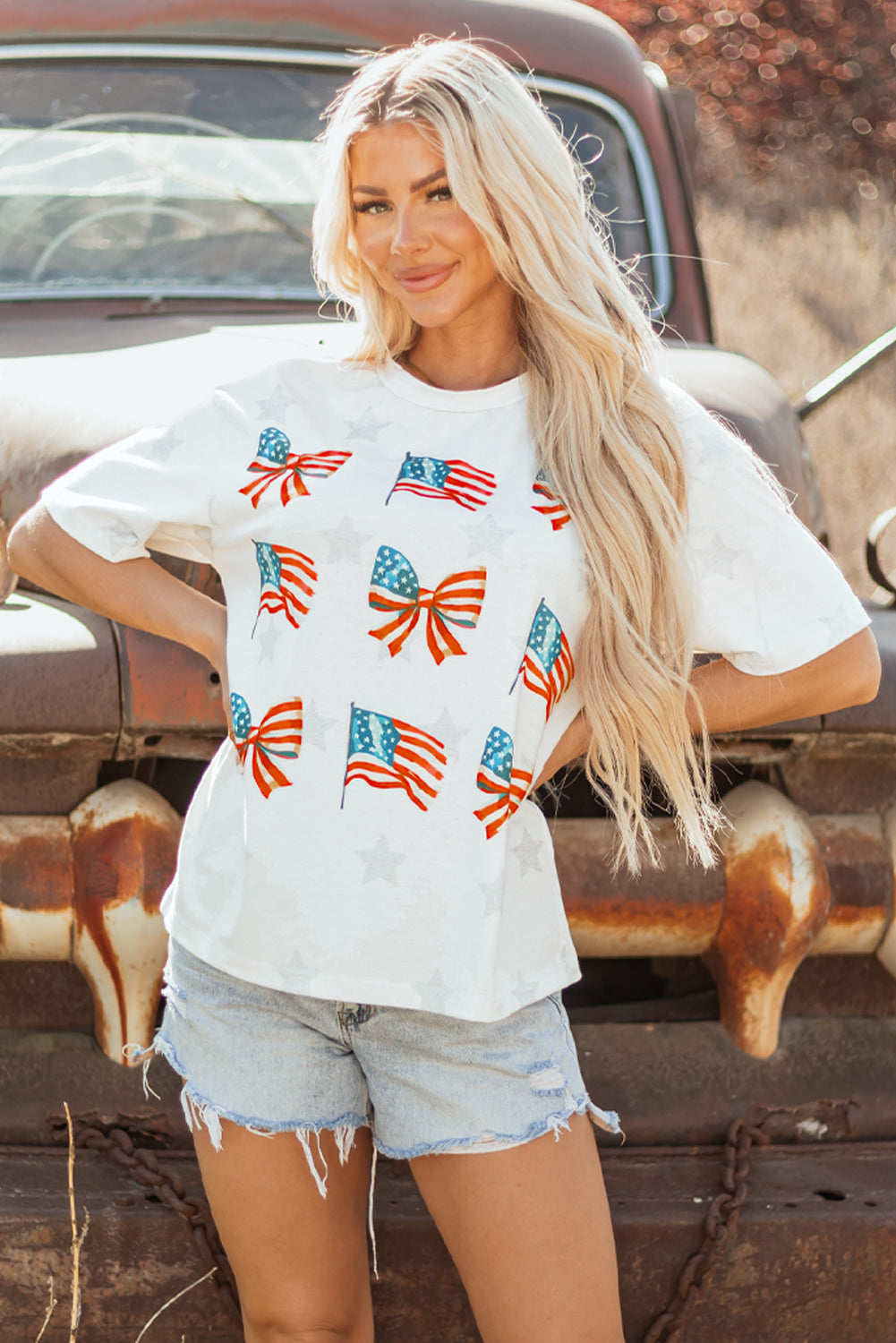 Khaki Patriotic Flag Bow Graphic Starry Round Neck T Shirt - Snoopy's Closet
