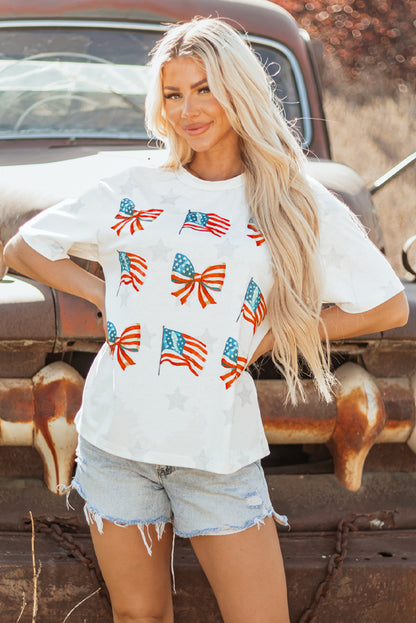 Khaki Patriotic Flag Bow Graphic Starry Round Neck T Shirt - Snoopy's Closet