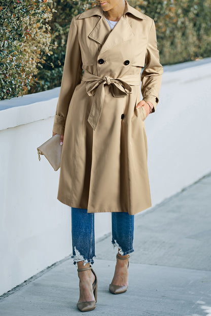Pale Khaki Solid Color Lapel Collar Waist Tie Wind Coat - Snoopy's Closet