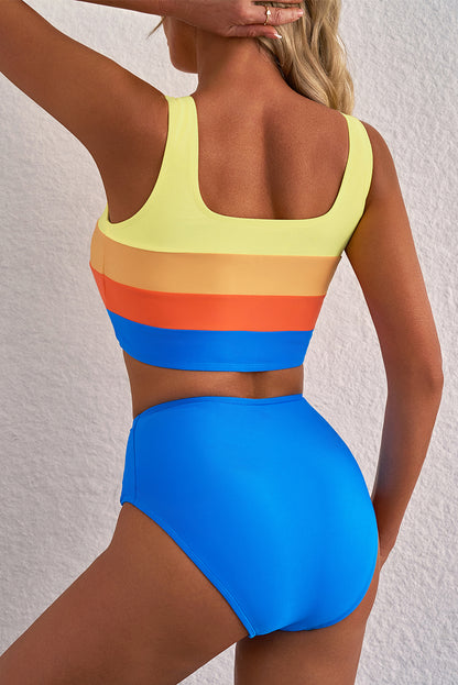 Blue Colorblock Square Neck Top Pleated High Waisted Bikini - Snoopy's Closet