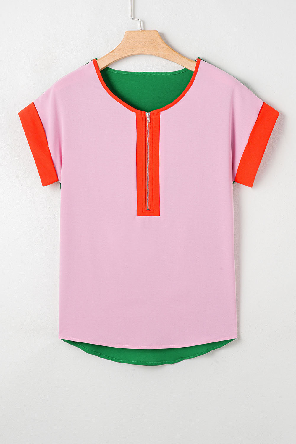 Rose Red Contrast Trim Color Block Front Zipped T Shirt - Snoopy's Closet