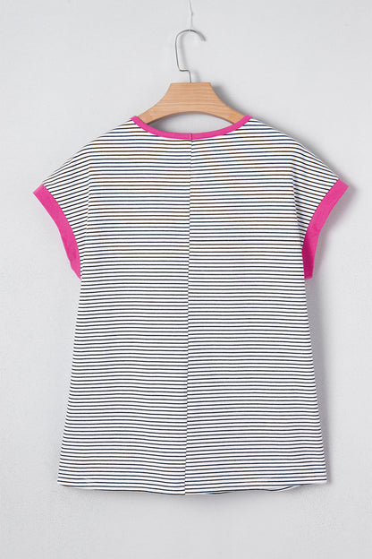 Rose Stripe Contrast Trim Round Neck Summer T Shirt - Snoopy's Closet