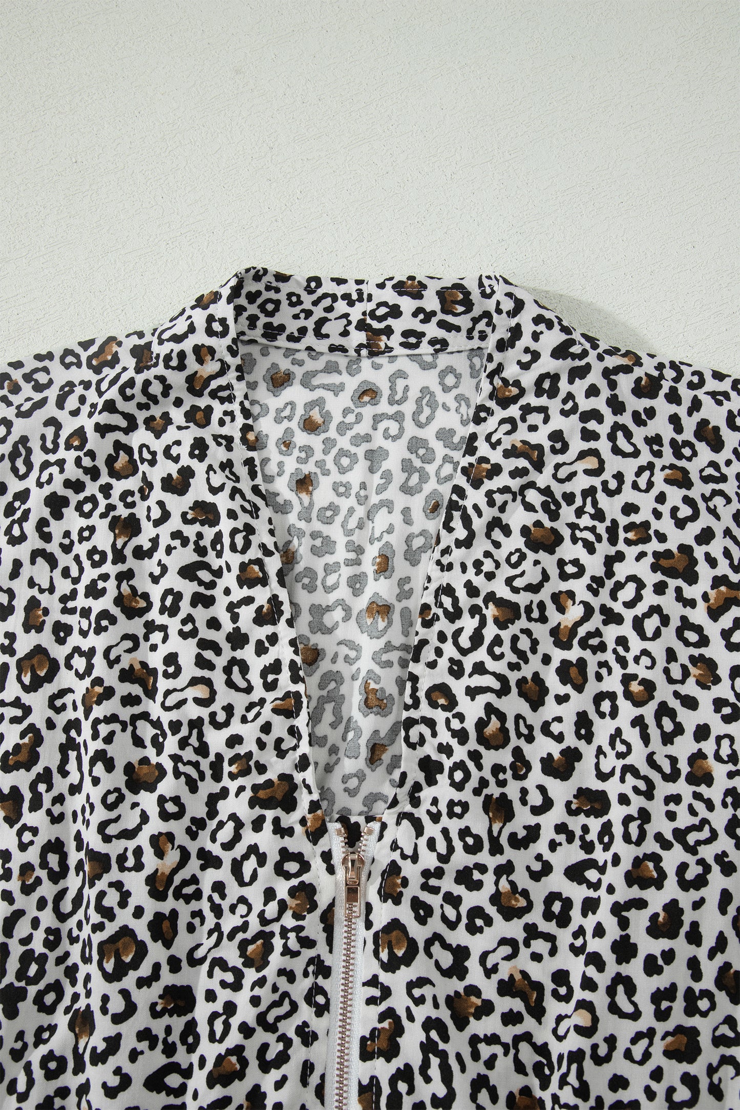 Beige Leopard Zip Front V Neck Cinched Waist Sleeveless Maxi Dress