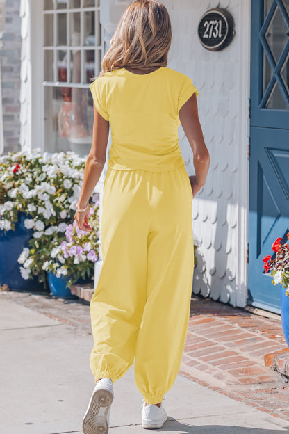 Yellow Cream Solid Color Cropped Tank Top and Jogger Pants Set - Snoopy's Closet