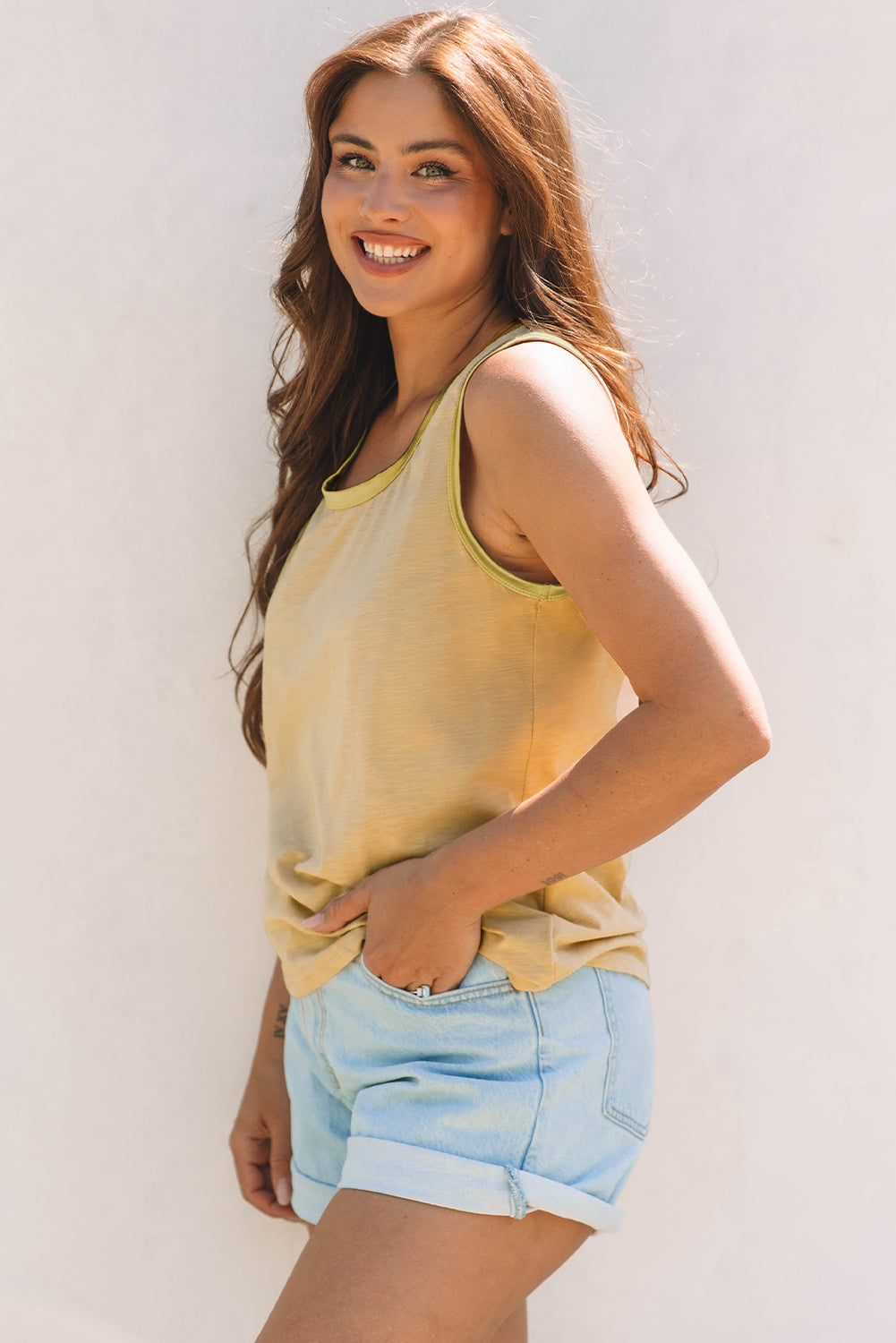 Tan Metallic Sheen Edge Scoop Neck Tank Top - Snoopy's Closet