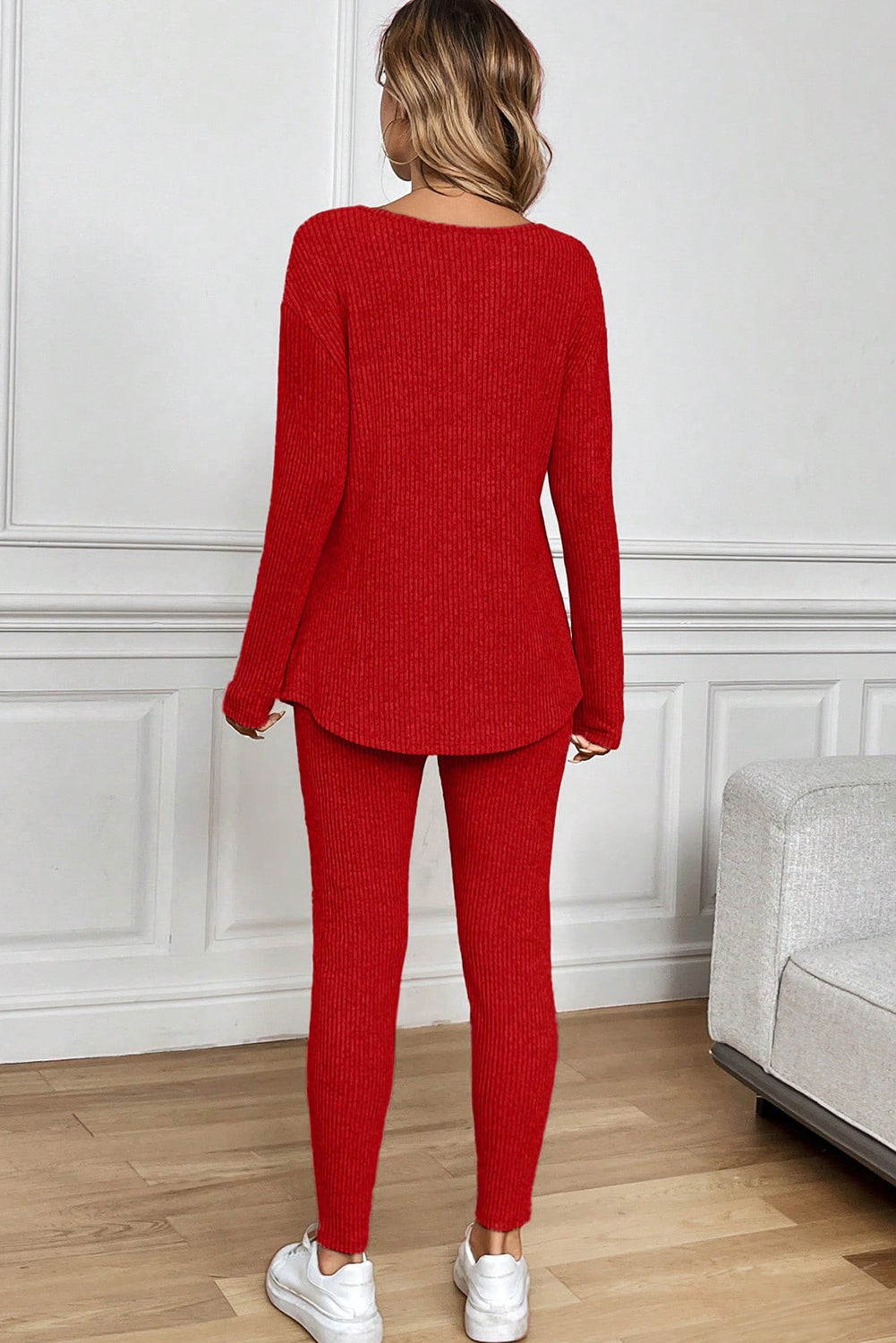Racing Red Ribbed Notched Neck Knit Long Sleeve Leggings Two Pieces Lounge Set - Snoopy's Closet