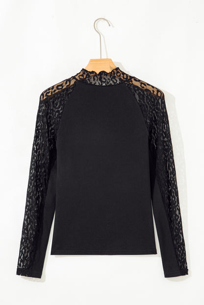Black Leopard Mesh Patchwork Knit Long Sleeve Top - Snoopy's Closet