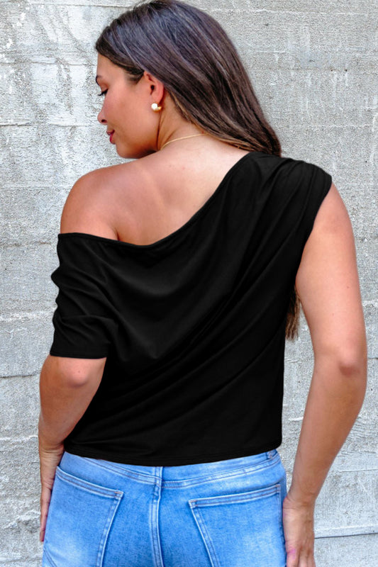 Black Plus Size Solid Color Asymmetric Neck Short Sleeve Blouse - Snoopy's Closet