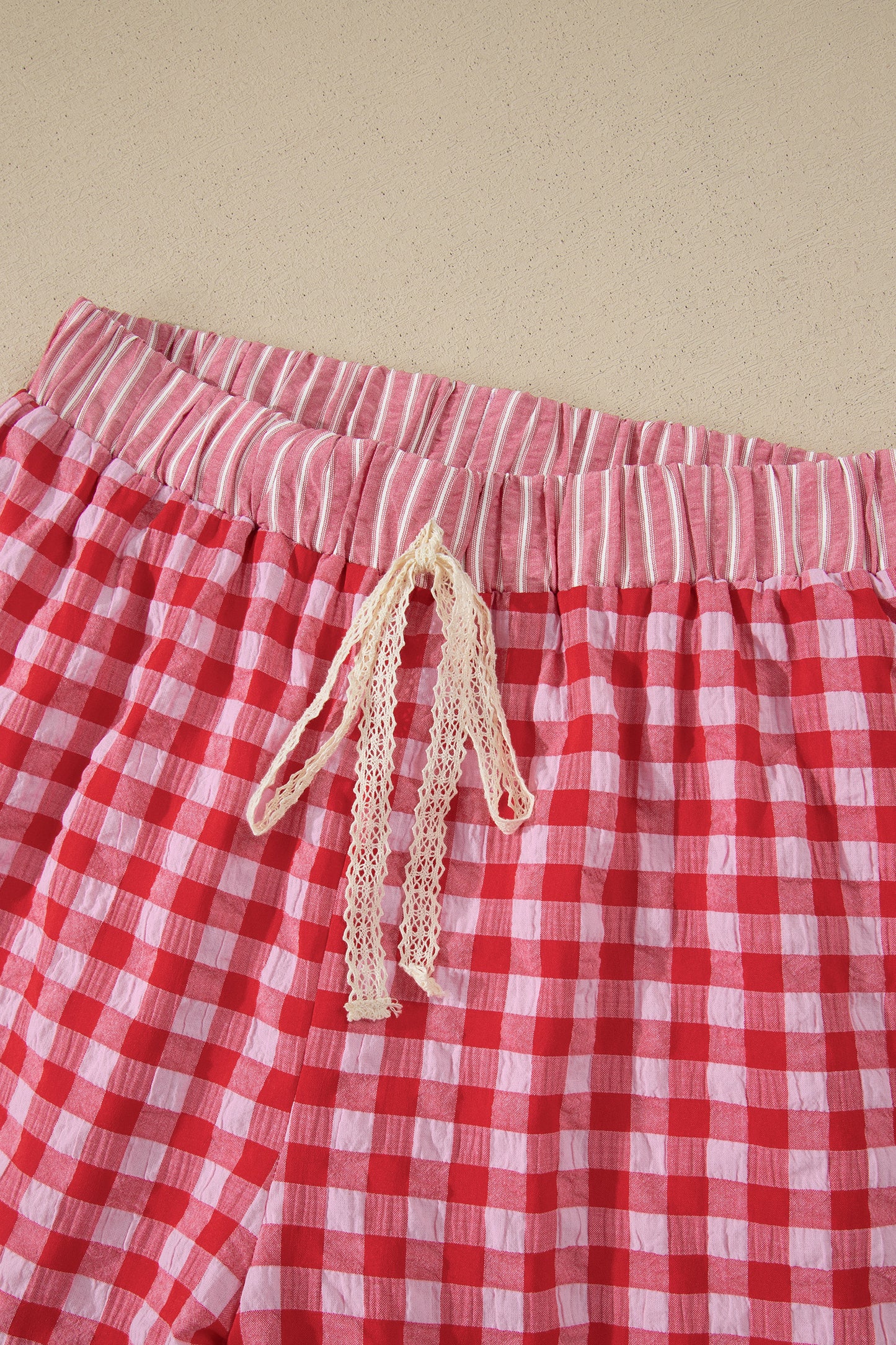 Red Gingham Print Ruffle Striped Detail Lace Tie Shorts - Snoopy's Closet