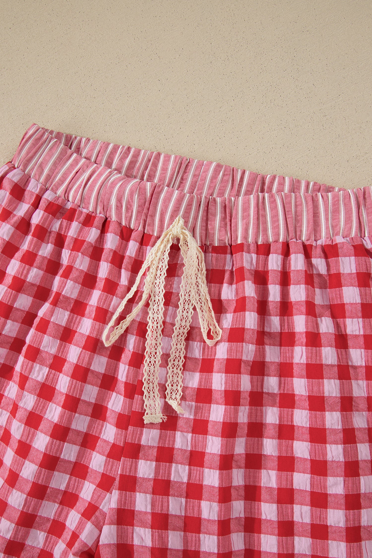 Red Gingham Print Ruffle Striped Detail Lace Tie Shorts - Snoopy's Closet