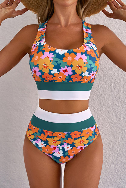 Dearlove Green Floral Print Racerback Cutout High Waist 2pcs Bikini - Snoopy's Closet