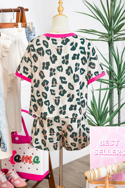 Brown Unique Leopard Print Contrast Trim Top Loose 2pcs Short Set - Snoopy's Closet