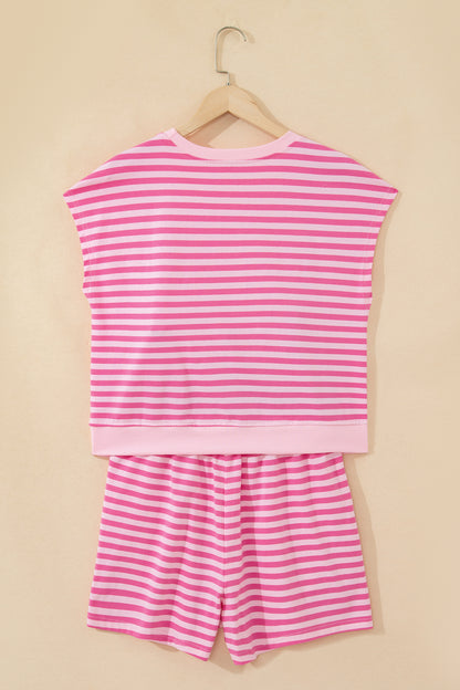 Pink Stripe Cap Sleeve Tee Elastic Waist Shorts 2pcs Outfit - Snoopy's Closet