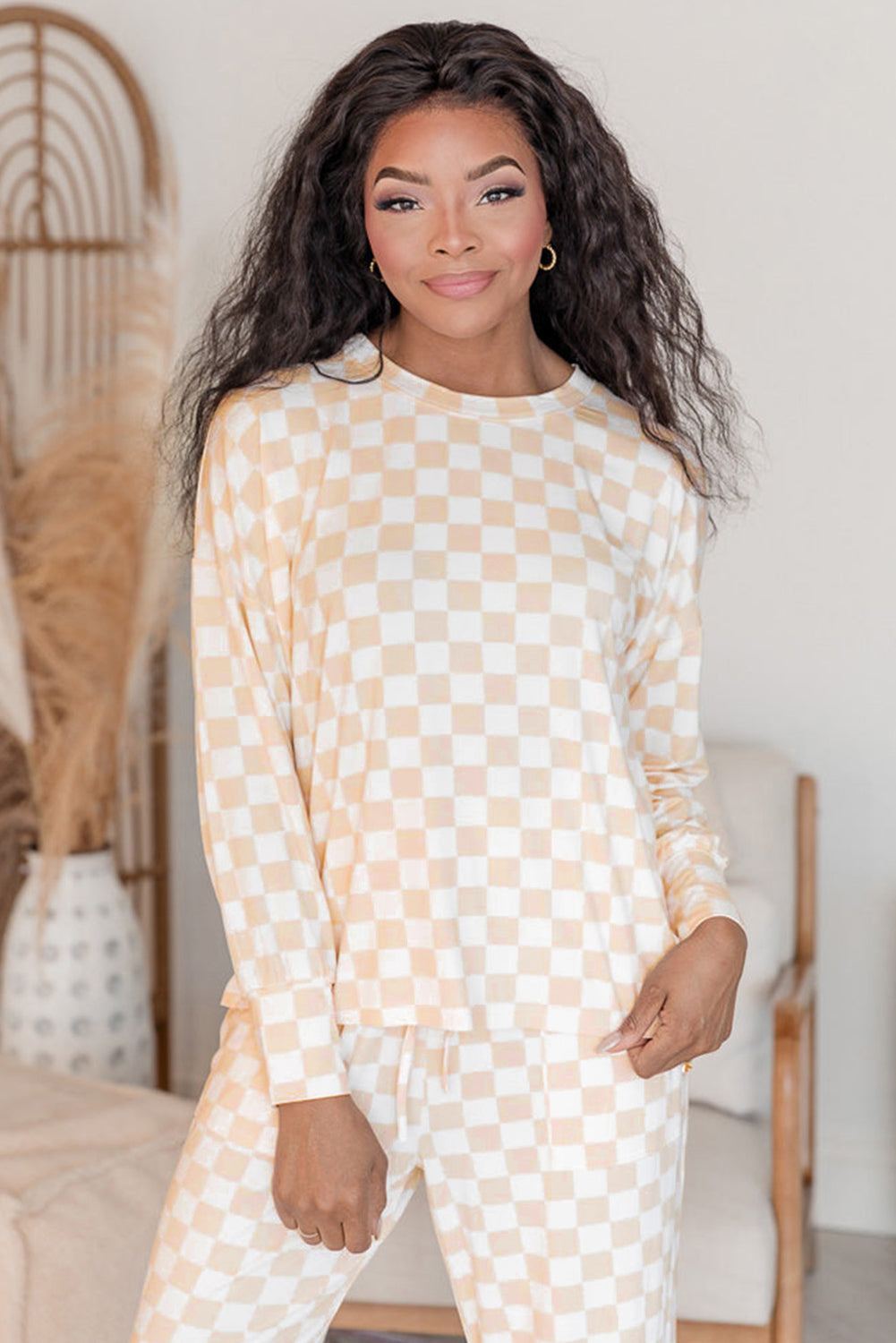 Beige Checkered Print Long Sleeve Top and Pants Lounge Set - Snoopy's Closet