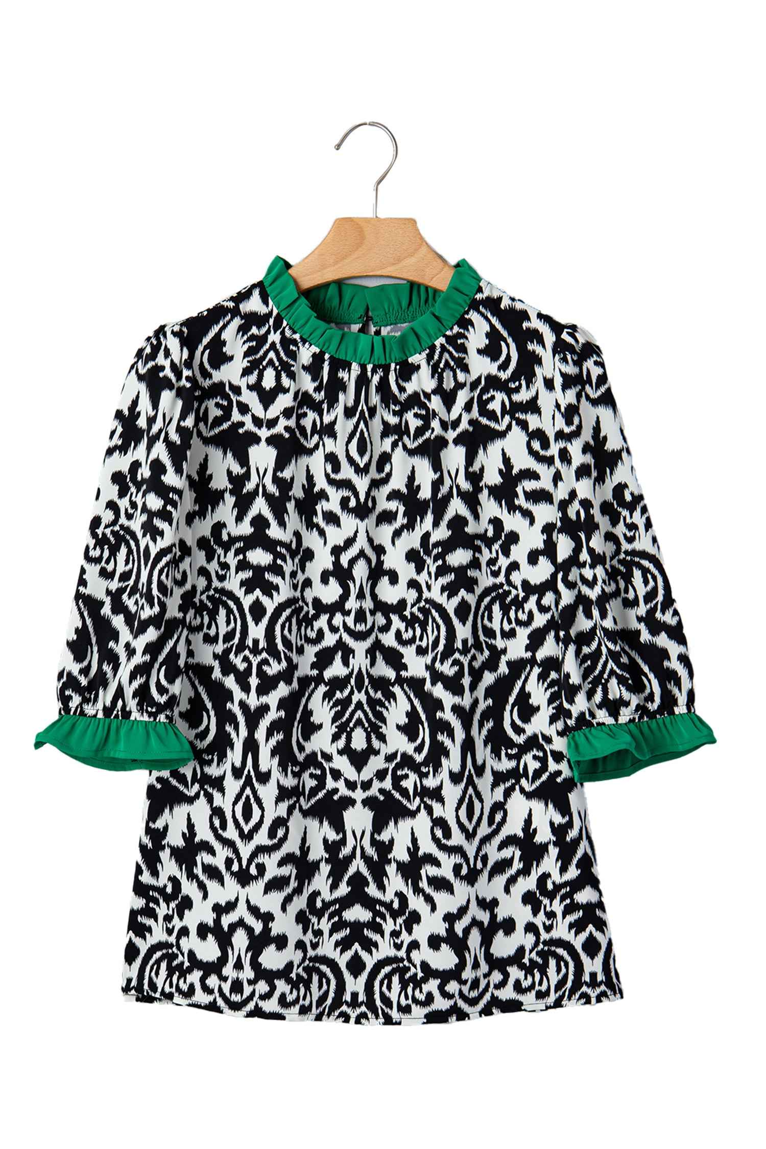 Green Damask Print Ruffled Color Block Detail Half Sleeve Blouse