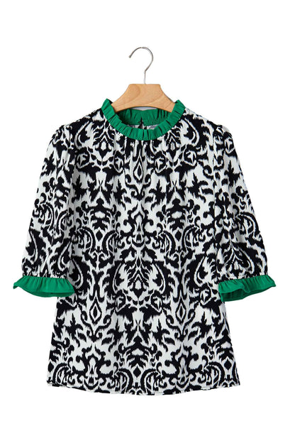 Green Damask Print Ruffled Color Block Detail Half Sleeve Blouse