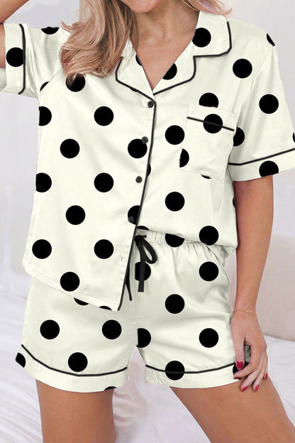 Conjunto de pijama de 2 piezas de camisa con solapa con estampado de lunares/camuflaje beige y cordón de ajuste