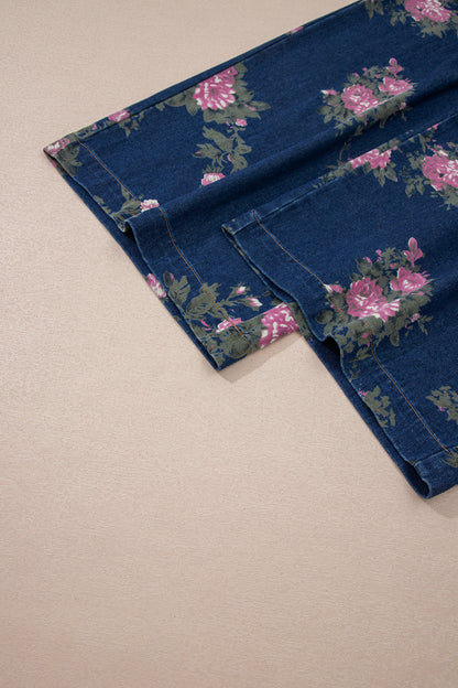 Mono vaquero plisado de pernera ancha y talle alto con estampado floral Blue Beau