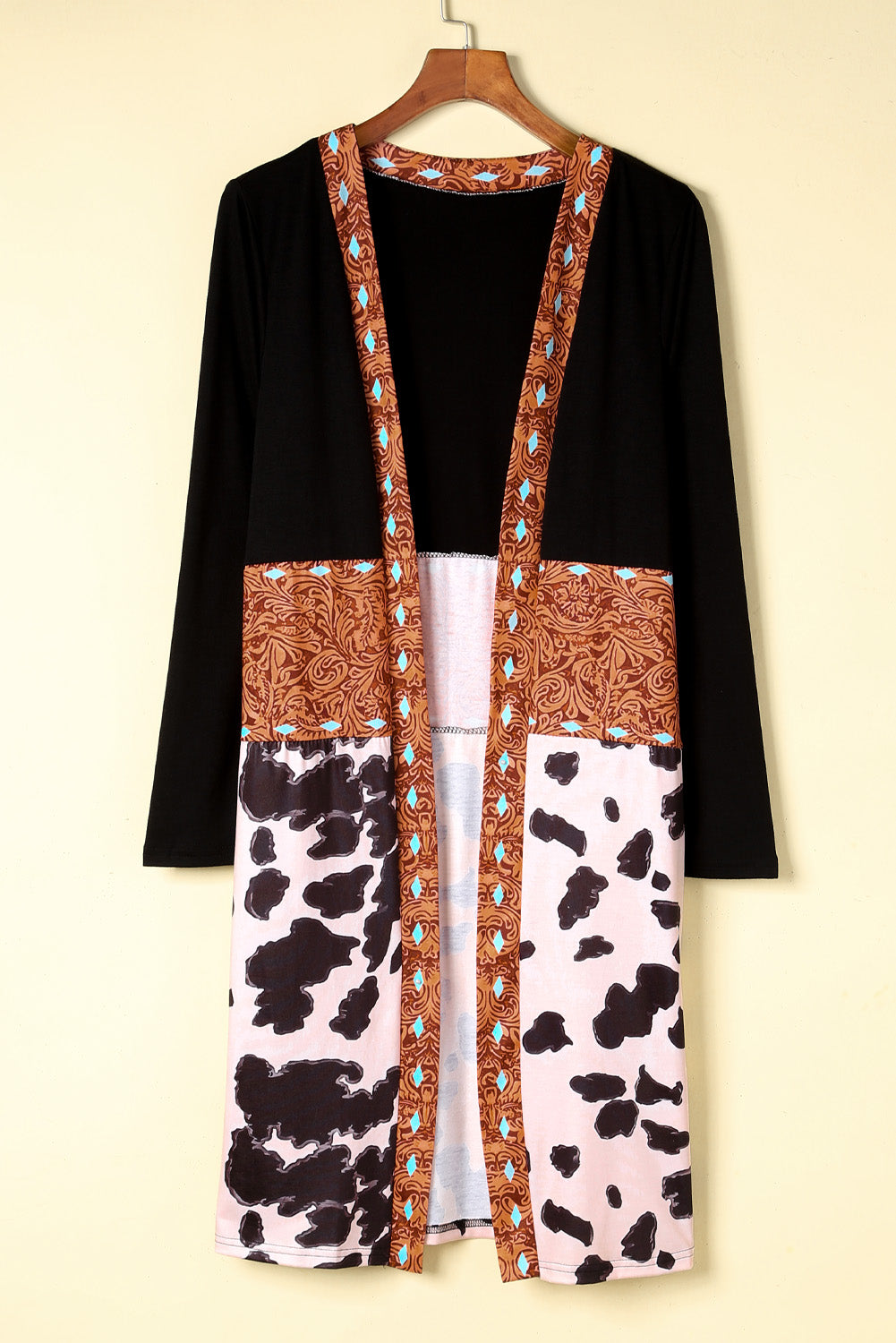 Black Western Pattern Cow Patchwork Open Front Cardigan - Snoopy's Closet