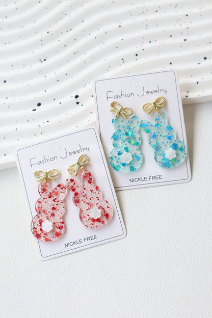 Fiery Red Clear Easter Bunny Bowknot Studded Earrings - Snoopy's Closet