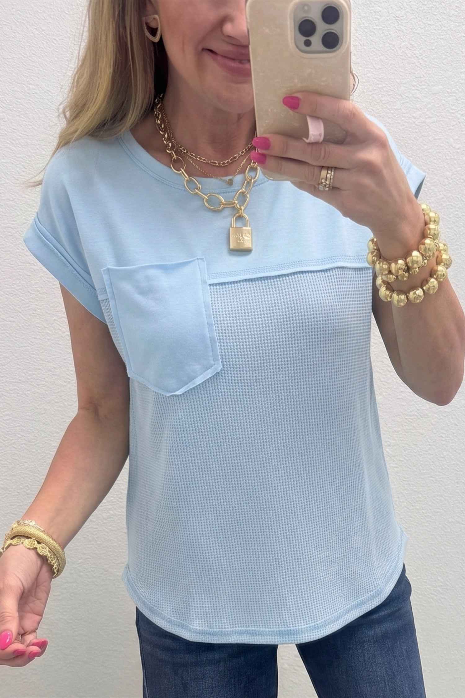 Pink Solid Color Raw Seam Waffled Patchwork Casual T Shirt