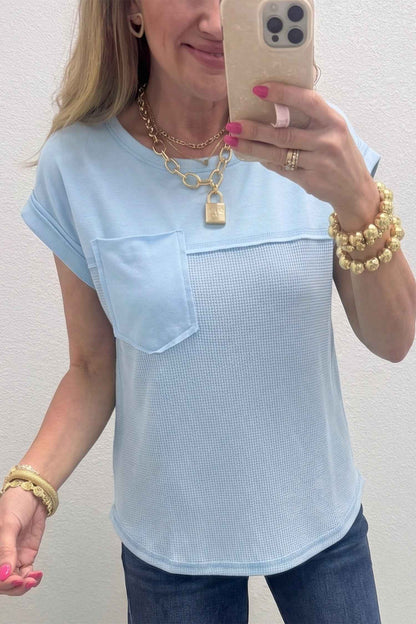 Pink Solid Color Raw Seam Waffled Patchwork Casual T Shirt