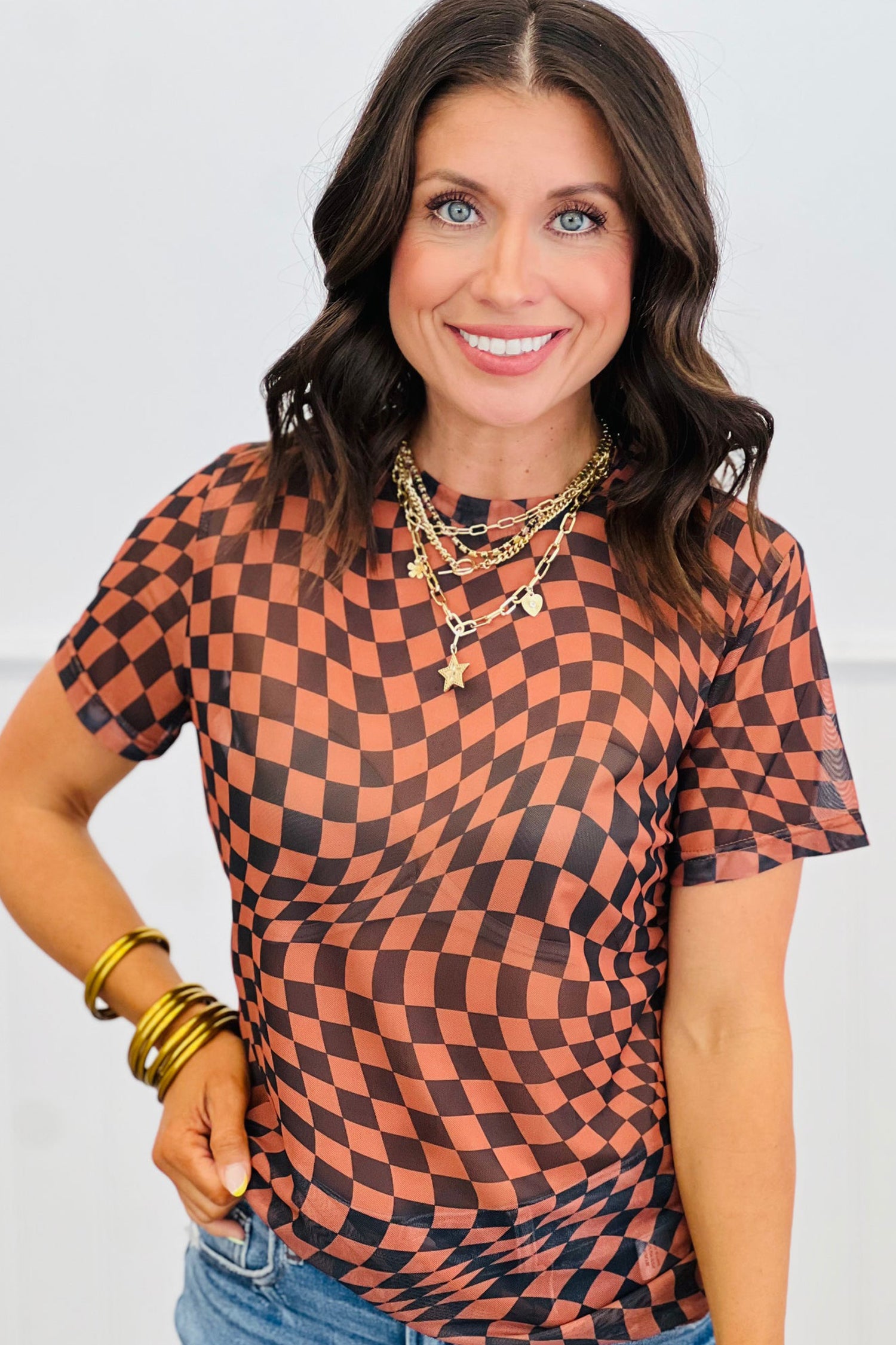 Orange Checkered Print Crew Neck Mesh T Shirt - Snoopy's Closet