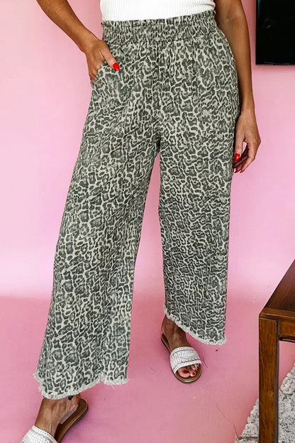 Pantalones Vaqueros Estampado Leopardo Marrón con Bajo Deshilachado y Cintura Elástica Sueltos