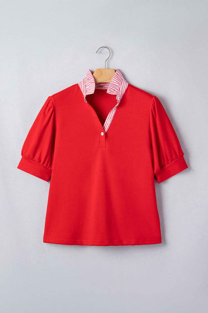 Sky Blue Striped Frilled Collar Short Sleeve Blouse