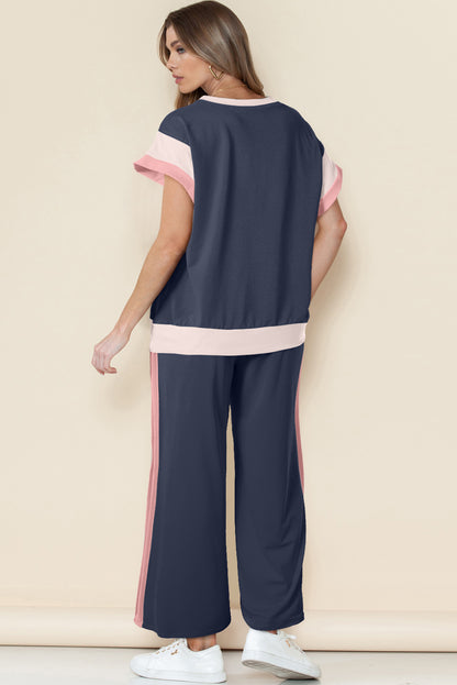 Navy Blue Color Block Detail Casual Two-piece Set - Snoopy's Closet